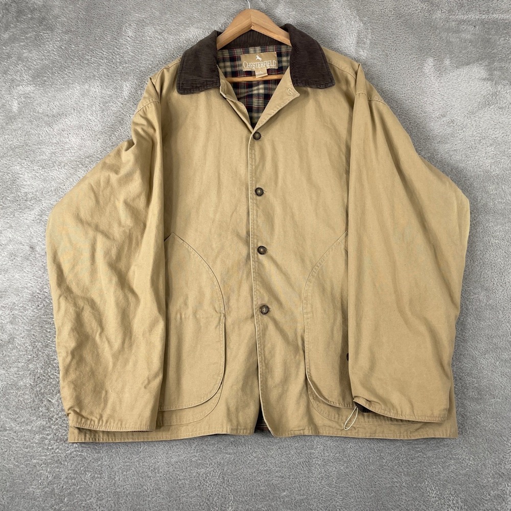Chesterfield Barn Jacket Mens Large Tan Canvas Plaid Lined Corduroy Collar Coat
